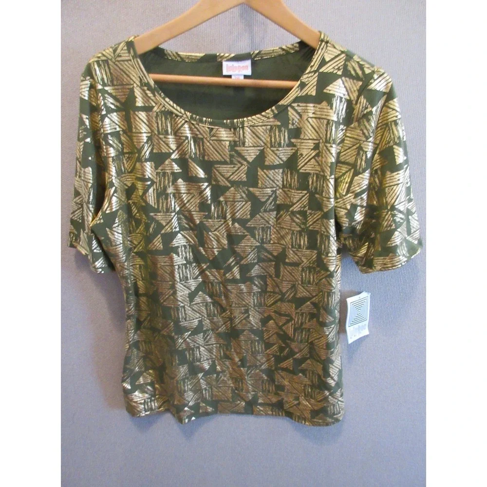 LuLaRoe Elegant Gigi Sz 2Xl- Green/Gold Metallic Geometric Pattern Print NWT